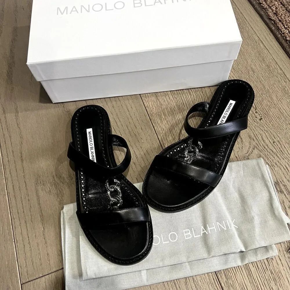 Manolo Blahnik Sanzora Crystal Sandals Chain Link Black Nappa Leather 38 NEW